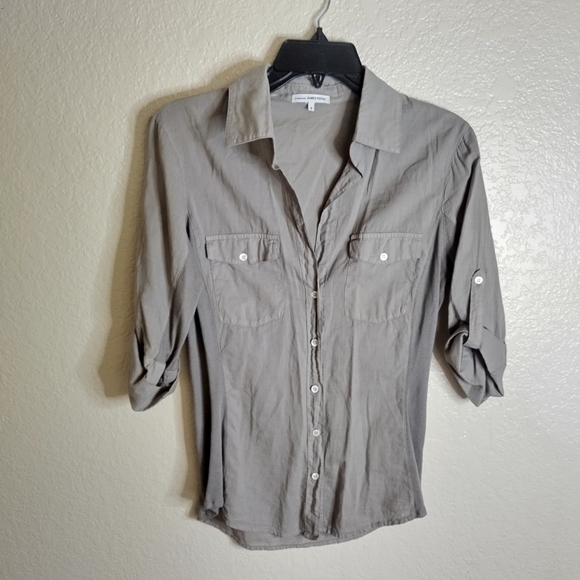 James Perse Three-Quarter Sleeve Contract Panel Button-Up Shirt Grey Sz 3/L - Picture 1 of 8
